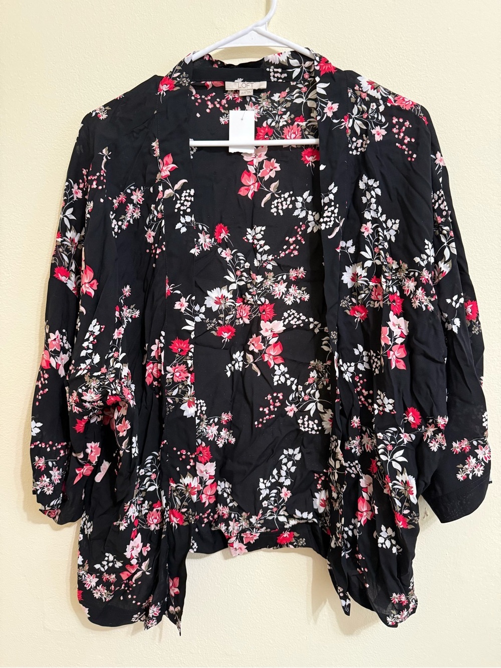 LOFT Black Floral Open-Front Tunic Cardigan with Pink & White Blooms